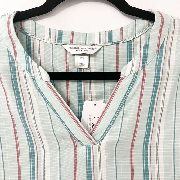 🟢Christopher & Banks Mint Green Multicolor Striped 3/4 Sleeve V Neck Blouse SP - Picture 3 of 6